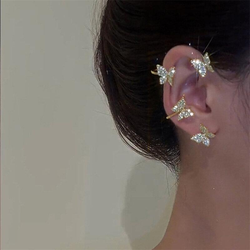 Gold Silver Color Metal Butterfly Ear Clips Without Piercing for Women Sparkling Zircon Ear Cuff Clip Earrings Wedding Jewelry