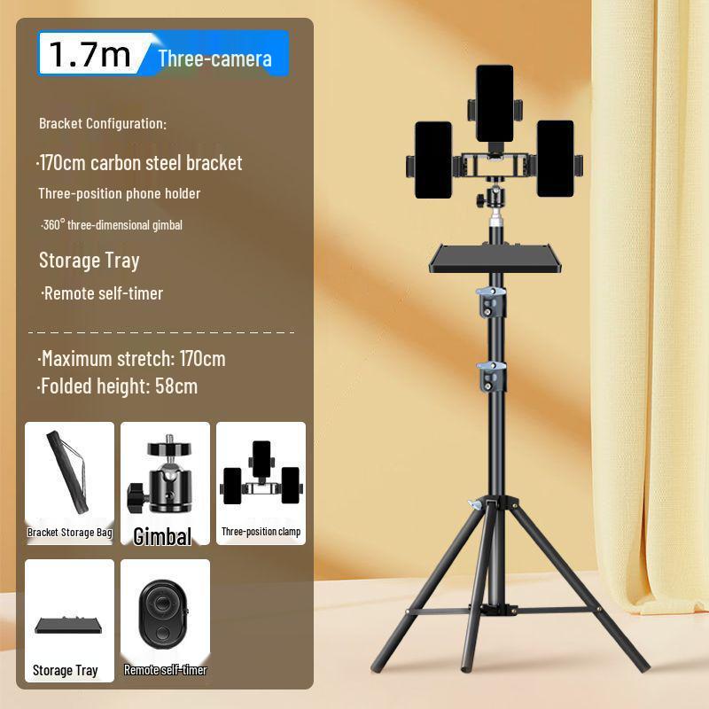 Dual Phone Streaming Stand with Multi-Camera Selfie Gadget and Fill Light for Douyin