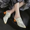 Johnature Genuine Leather Retro Ethnic Style High Heels Pointed Toe Slippers Versatile Women's Shoes