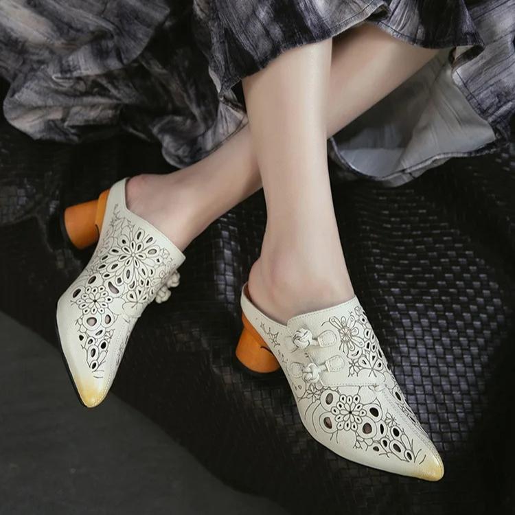 Johnature Genuine Leather Retro Ethnic Style High Heels Pointed Toe Slippers Versatile Women's Shoes