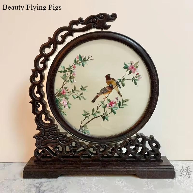 1pc, Su Embroidery Ornaments, Chinese Embroidery Crafts, Double Sided Embroidered Ornament, Solid Wood Desktop Decoration
