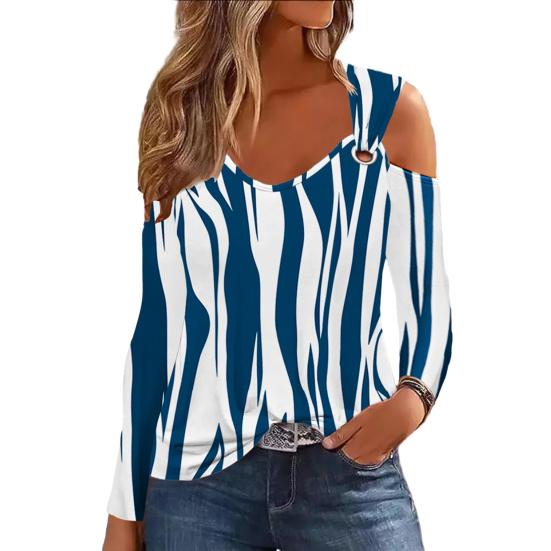 Metall-großer Ausschnitt-Reifen-Höhlen-V-Blumen-Streifendruck, lockeres, langärmliges, lässiges Pullover-Oberteil