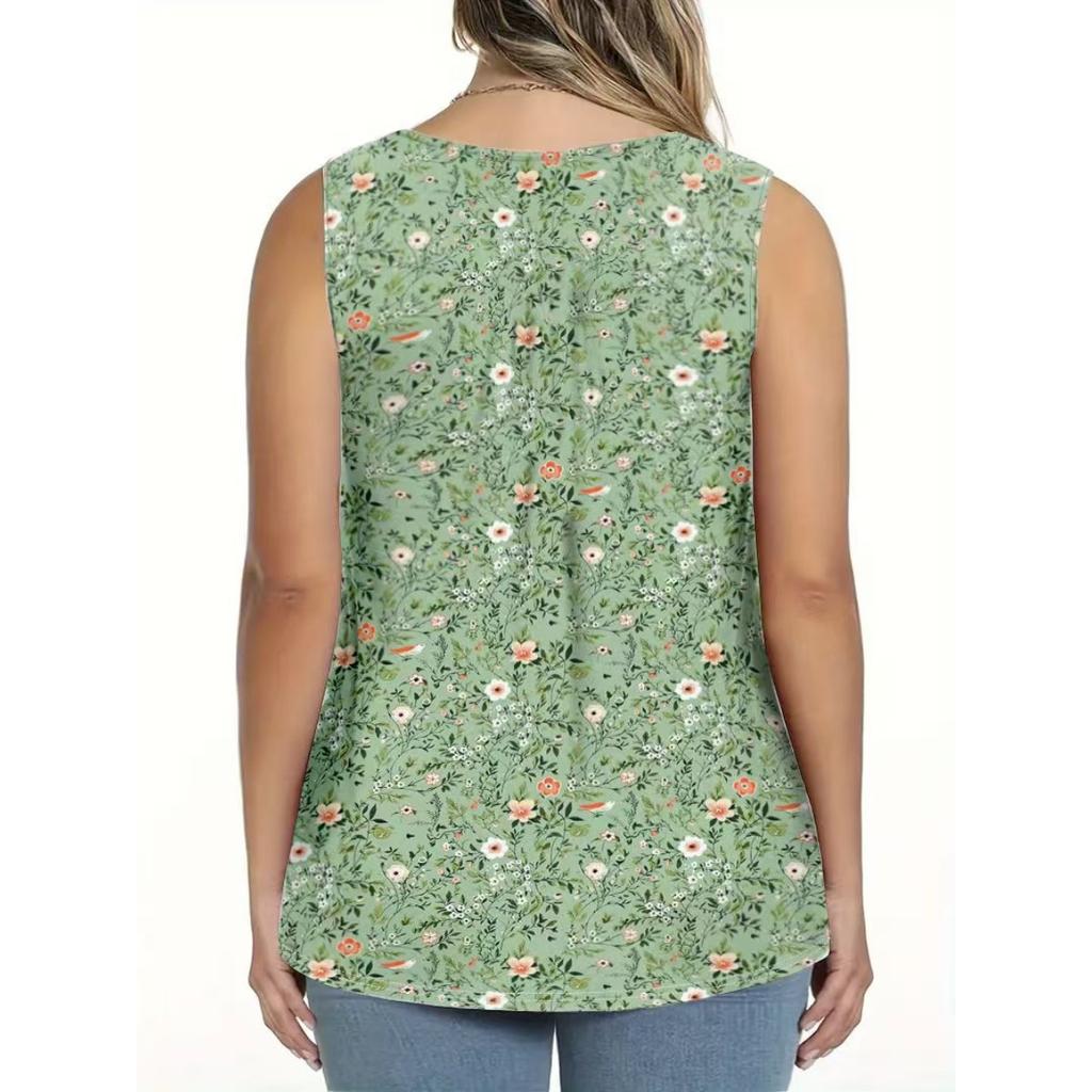 Summer Small Floral Print Round Neck Knit Sleeveless Vest Top Women