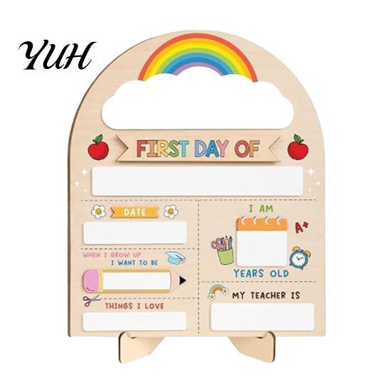 Wooden Message Board for Classroom First Day of School Board, Reusable Erasable Chalkboard Design, Desktop Plate Kids Stable Base Photo Prop