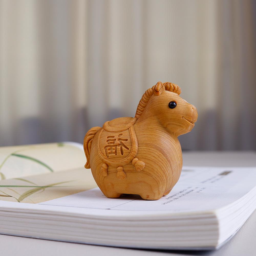 Year of the Horse Lucky Desktop Ornament: Aged Cypress Zodiac Horse for Good Fortune