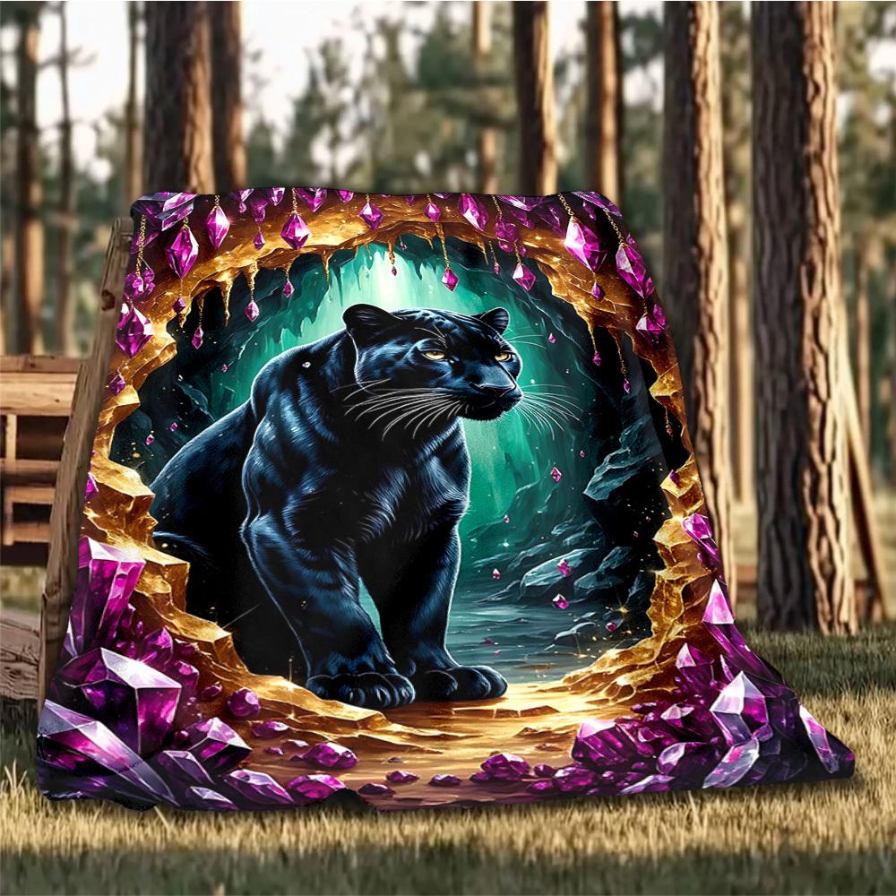 1pc Black Panther Crystal Throw Blanket Polyester Fiber, Lightweight Flannel, Soft & Warm, All Season Use for Outdoor, Camping Digital Print