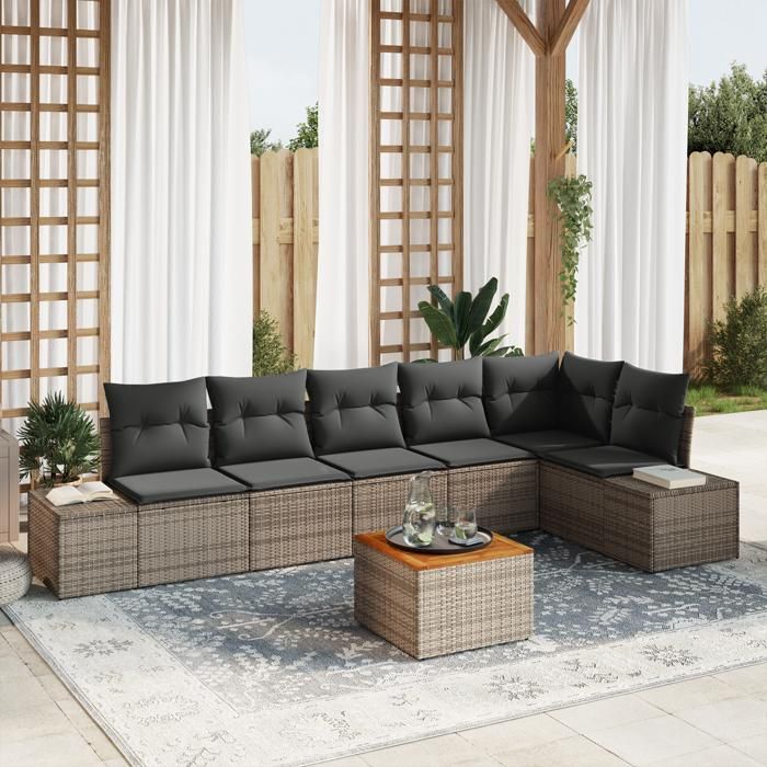 VidaXL Ensemble de Sofa de Jardin 7 Pièces avec Coussins Gris Rotin Synthétique Acacia 3347965