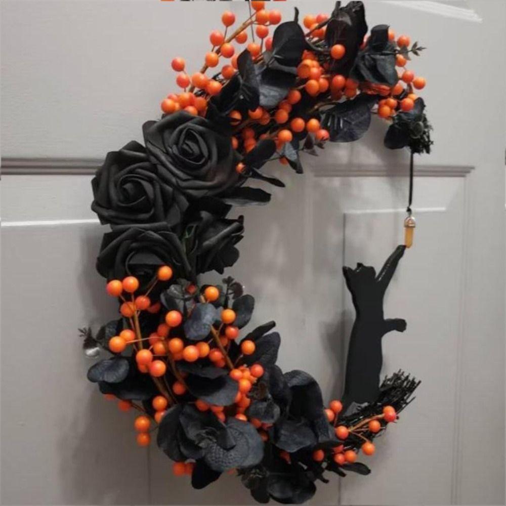 

Cat Halloween Wreath Goth Roses Door Hanging Decorations Welcome Sign Holiday Decor