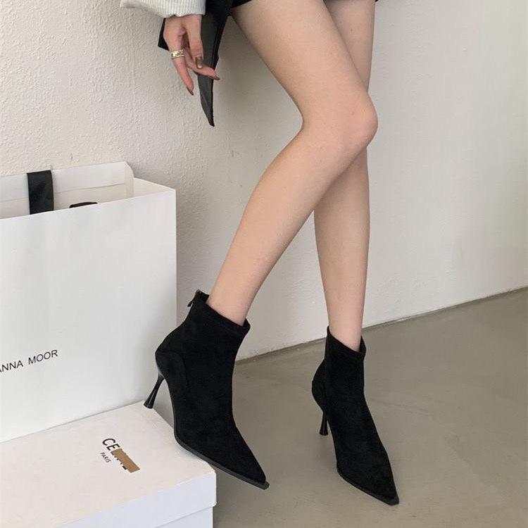 Suede Autumn and Winter High Heel Short Boots Versatile Skinny Boots Women's Elastic French Retro Sub Thin Heel Back Zipper Pointed New