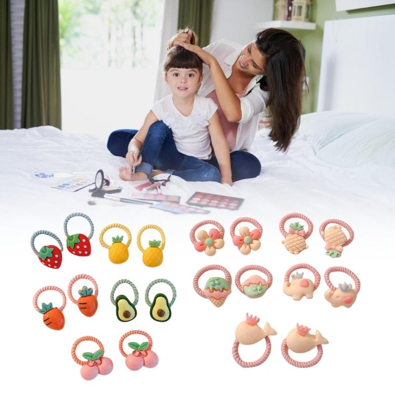 Pack of 10 Cartoon Hair Ties with Fruit/Flower Theme Designs for Little Girl and Children Sprinig Hair Styling Hairband