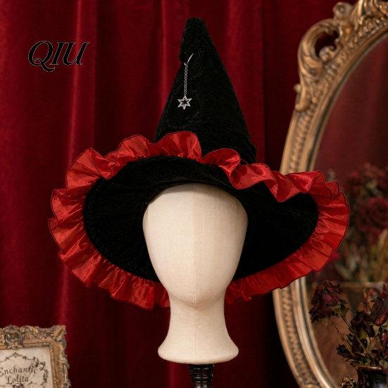 Pointed Witch Hat Halloween for Women, Velvet Wizard with Ruffle Costume Accessory Brim And Bow Party, Masquerade, Cosplay