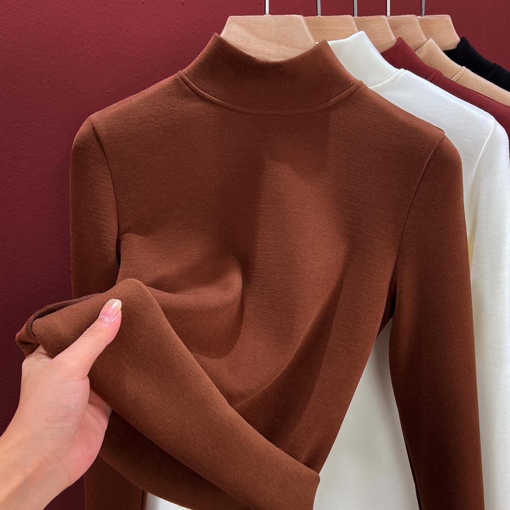 Semi-turtleneck silk thermal underwear women's top, piled and thickened inside, including wool bottoming shirt, heating autumn clothes winter