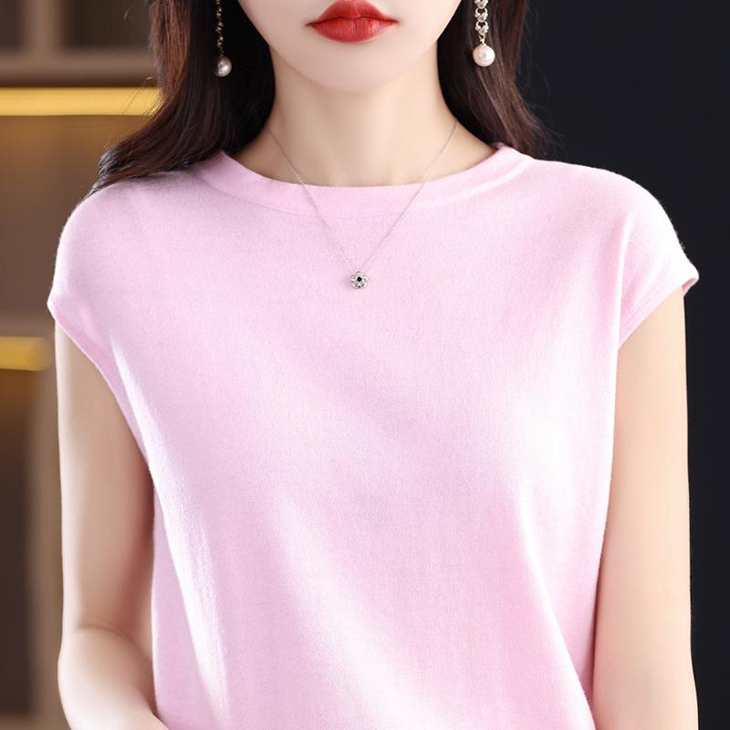 

Женская футболка из камвольной шерсти из тутового шелка, кашемир Цинхэ, 50% шерсть, 50% шелк, однотонная, летняя, дышащая, шелковистая, модная, простая XXL розовый
