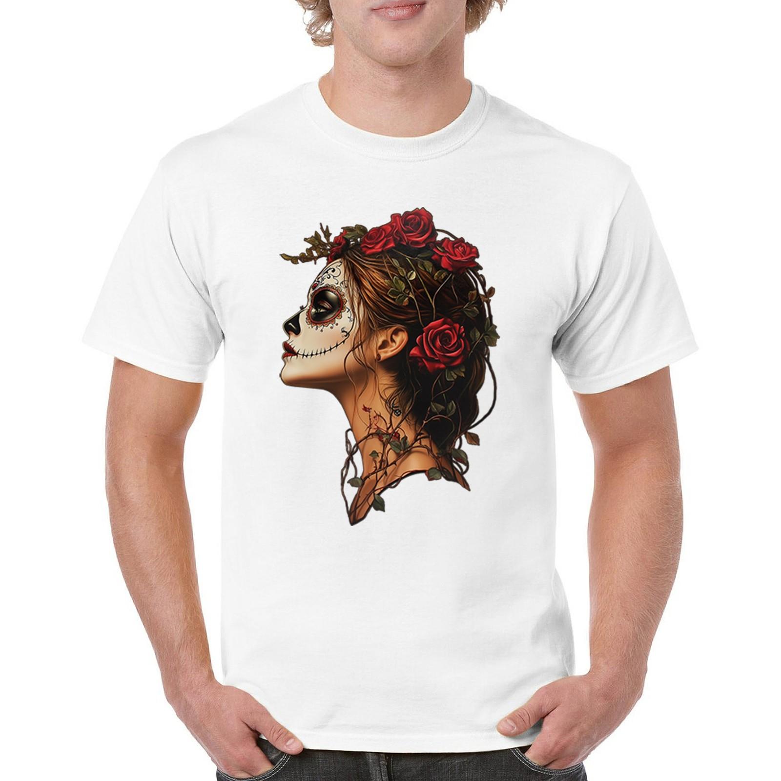Sugar Skull Profile T-shirt Dia de Los Muertos Skeleton Face Floral Men s Tee S