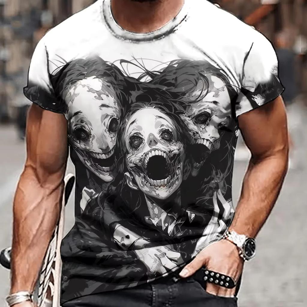 Men's Monster Graphic Print Short Sleeve Crew Neck Tee, Men's Clothing For Summer Soft Slight Stretch Polyester Blend Fabric