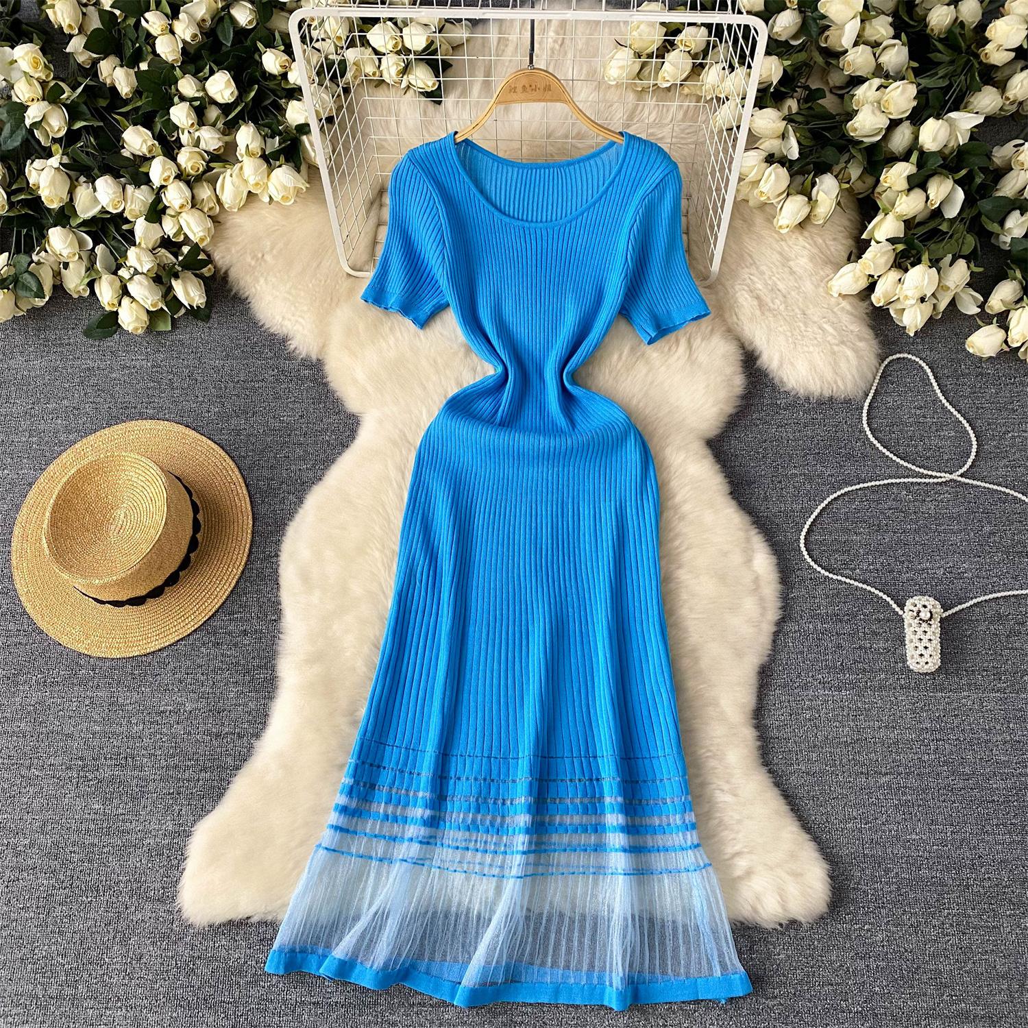 Sexy Elegant Mesh PATCHWORK Short Sleeve Dress Vestidos Slim Women Summer Party French Vintage Sweet Beach Dresses One Size