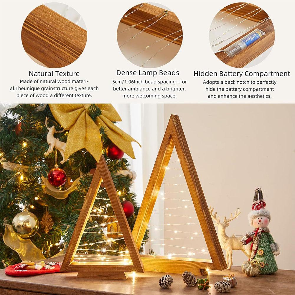 2 Stück Holz beleuchtete Weihnachtsbaum Dekoration Schmuck Kiefernholz Dreieckiger Streifen Lichterkette Heim Atmosphäre Dekoration