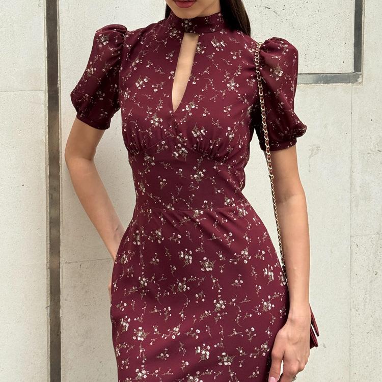 women's Ditsy Floral Print Cutout Stand Collar Puff Short Sleeve High Waist Bodycon Mermaid Maxi Dress Elegant Party Long Dress