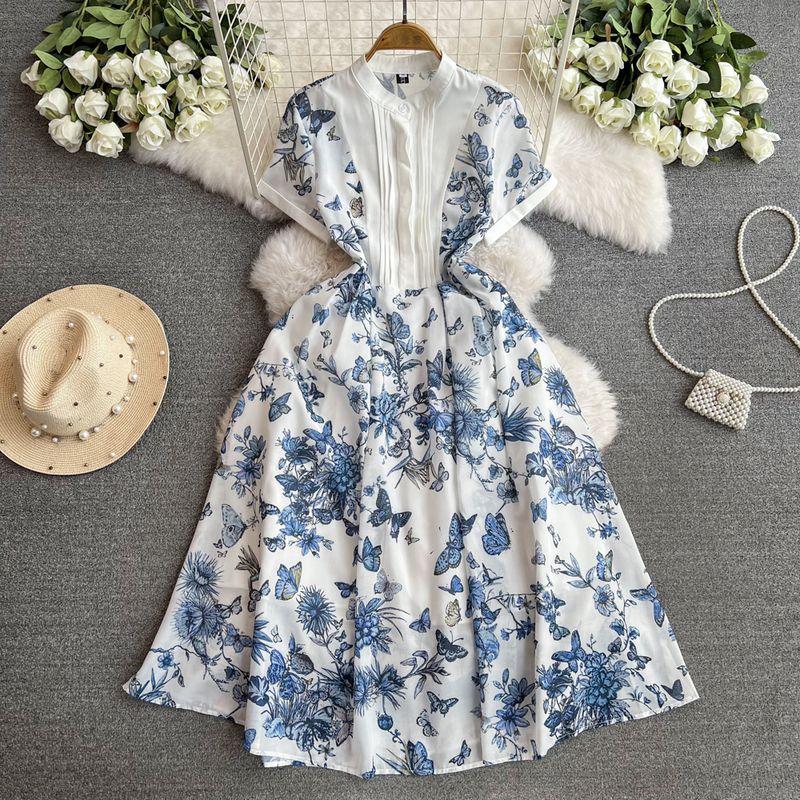 

2024 New Arrival Fairy Dress Blue and White Ink Butterfly Print Short Sleeve Waist-Controlled Thin over the Knee Swing Mid-Length Dress Blue flowers on white background L