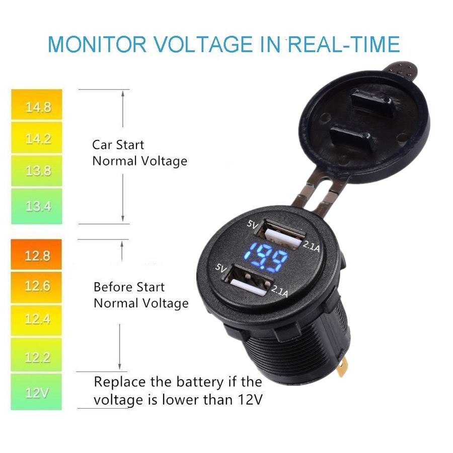 Motorcycle Dual USB Charger Socket With Blue LED Voltmeter Wire In-line 10A Fuse
