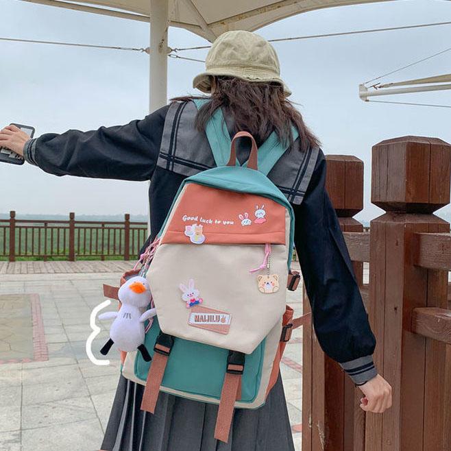 

Милая подвеска в виде утки, водонепроницаемая школьная сумка, рюкзак для девочек с милыми значками, нейлоновый рюкзак в консервативном стиле, универсальный рюкзак контрастного цвета 27*12*42cm