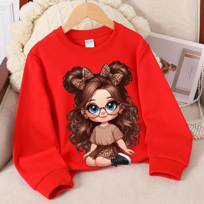 Kids Crewneck  Long Sleeve Sweatshirt, Leopard Print Bow Hair Accessories Print