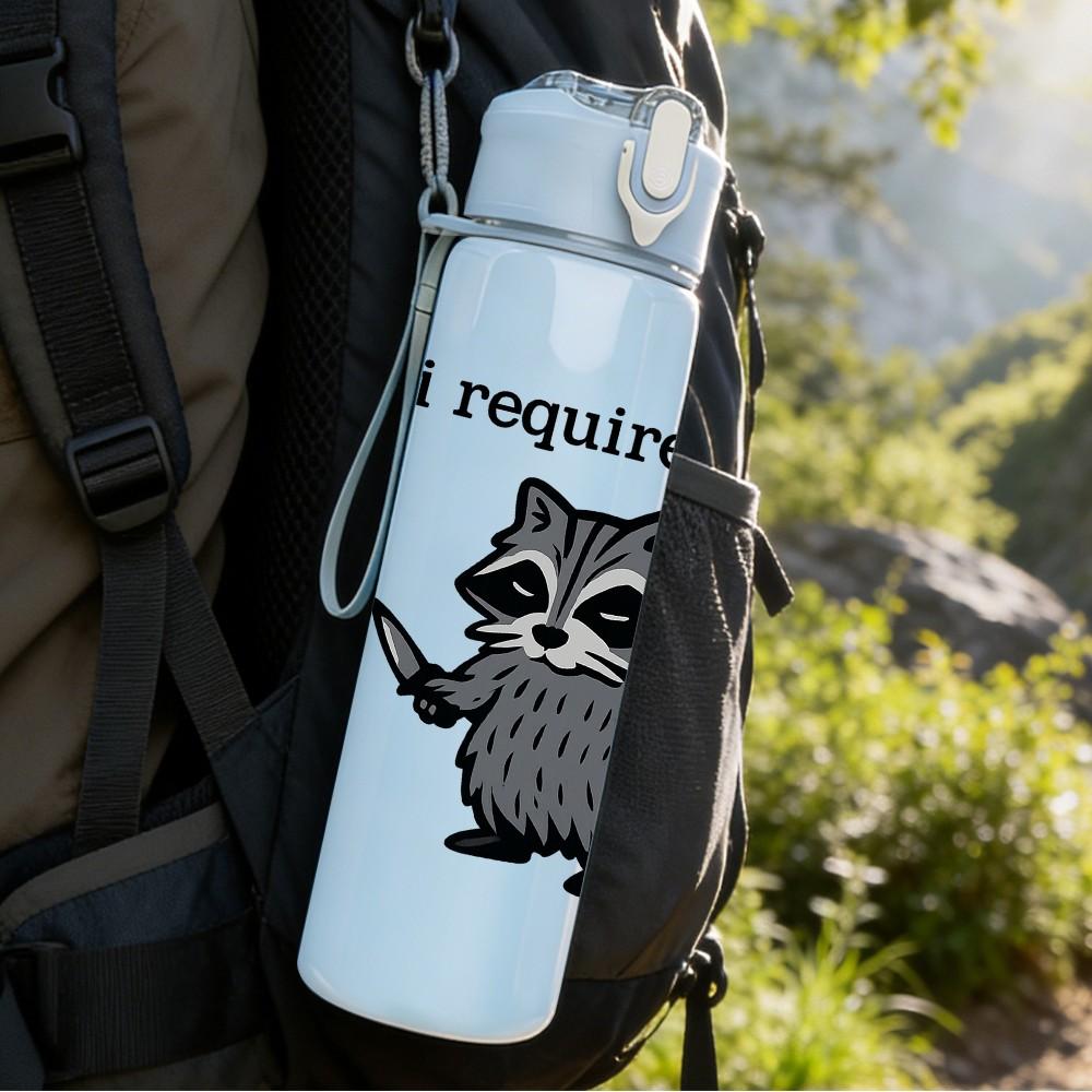 1PC I Require Snacks Raccoon Print 750ml Color Plastic Sports Water Bottle Leakproof Flip Straw Lid Suitable for Sports Office Home Use
