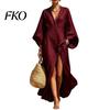 Sweat-absorbent Dress Women's Cotton Linen Maxi Dress, V Neck Batwing Sleeve Comfortable Daily Wear High Split Loose Casual Beach Sundress with
