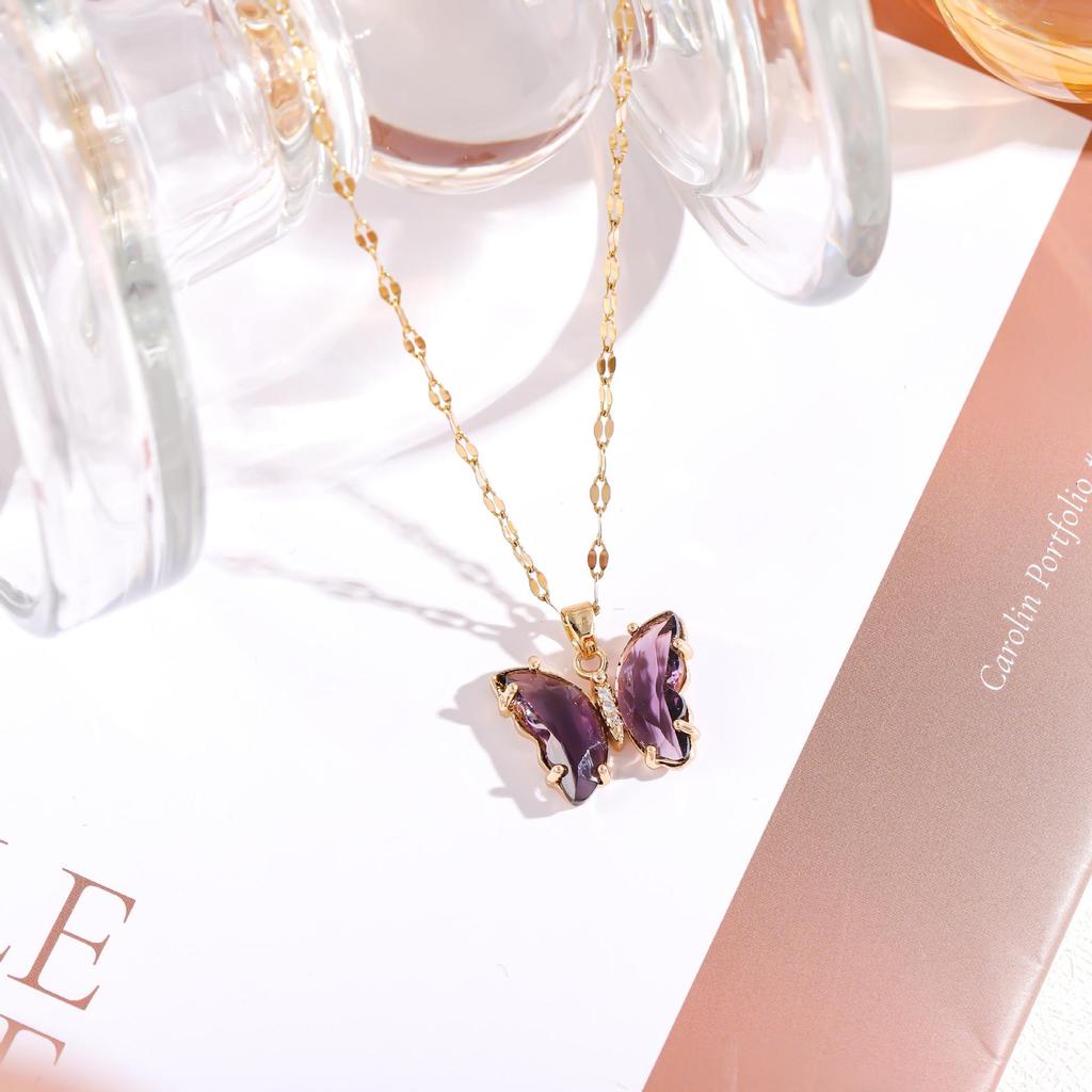 Iridescent Gradient Butterfly Necklace with Zirconia Rhinestones - Titanium Steel Clavicle Chain Pendant.