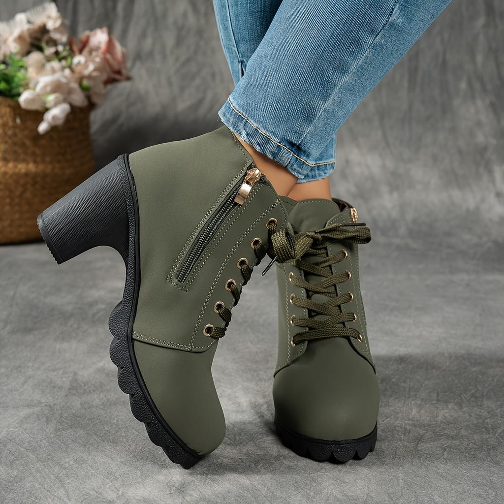 Women'S Mid-Heel Ankle Boots with Side Zipper - Comfortable Faux Cover, Decorative Buckle Design, All-Season Versatile Casual Shoes for Casual Attire