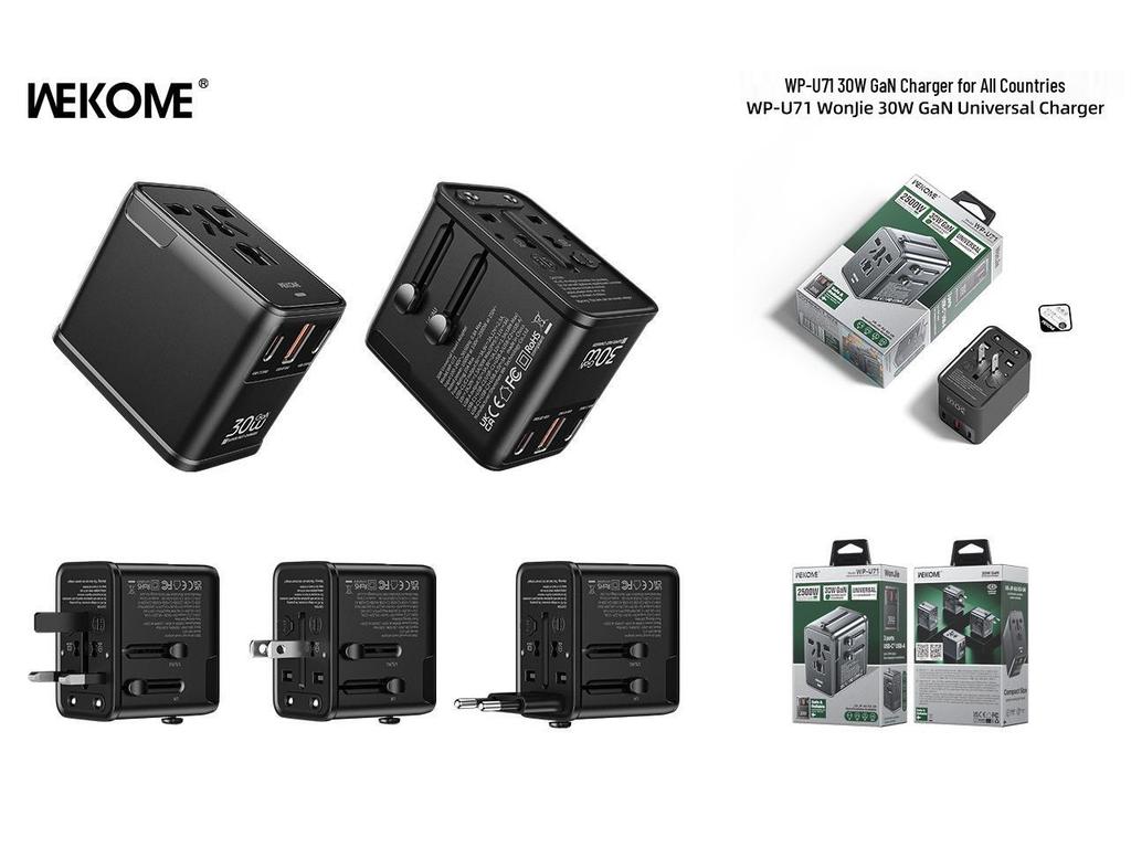 WEKOME Vip 30W Universeller Reiseadapter für EU, UK, USA, 1200W Direktstecker