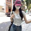 Short-sleeved T-shirt women's summer new Korean version slim and thin versatile v-neck design sense solid color front shoulder top trendy