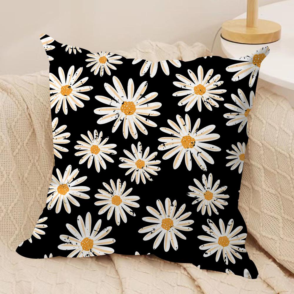 Classic Black Daisy Cushion Cover Short Plush Doublesided Print Square Throw Pillow Covers Sofa Home Cushion Decor