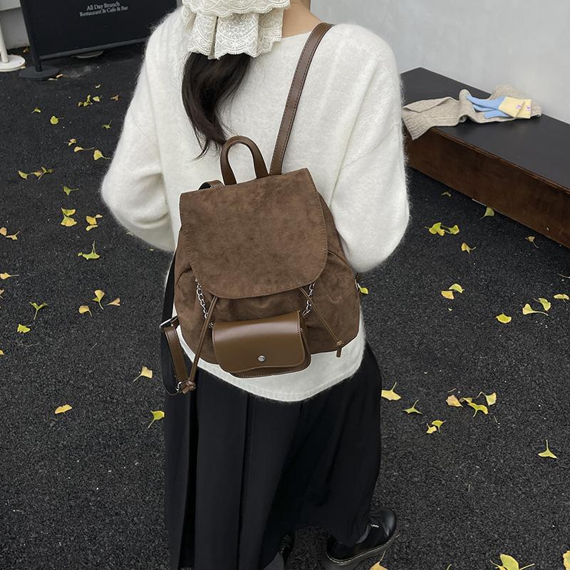 Solid Color Faux Suede PU Chain Commute Backpacks Fashi Casual Youth Sweet Vintage Style Thicken Women's Schoolbags