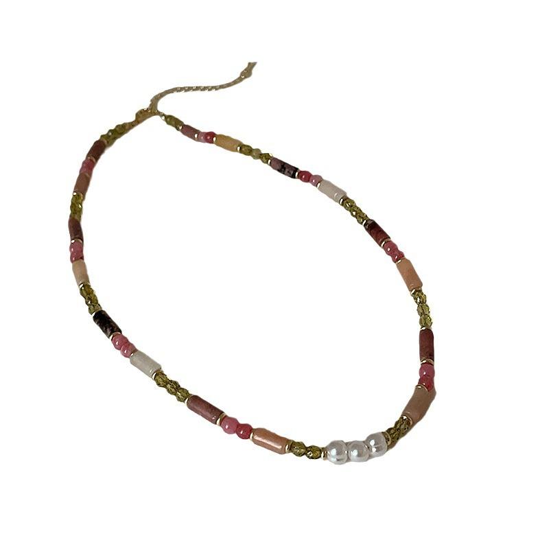 Dopamine Colored Natural Stone Beaded Necklace Female Fresh Sweet Cute Exquisite Fashion Versatile Neck Chain Collarbone Chain