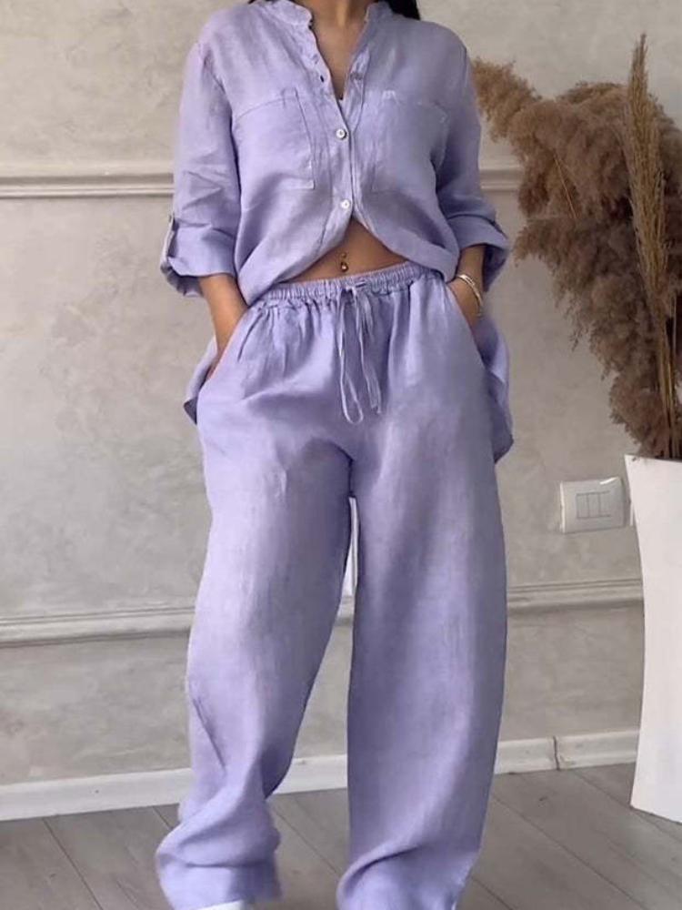 Set casual in cotone e lino tinta unita: camicia e pantaloni a gamba larga con coulisse
