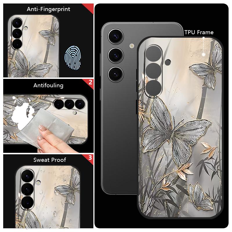 Lanyard Case For Samsung Galaxy S25 Ultra S24 S23 S22 Plus S21 FE A15 A16 A35 A36 A54 A55 A56 5G Bamboo Butterfly Printed Case Capa Coque
