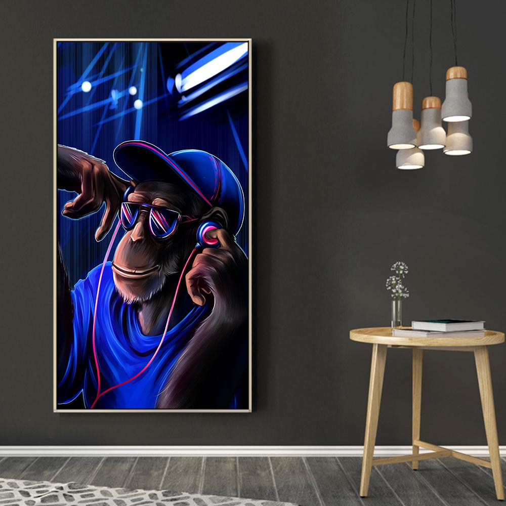 DJ Musik Affe Poster Home Malerei Blauer Hintergrund Leinwand Gemälde Moderne Tier Bild Kunst Wandkunst Kein Rahmen