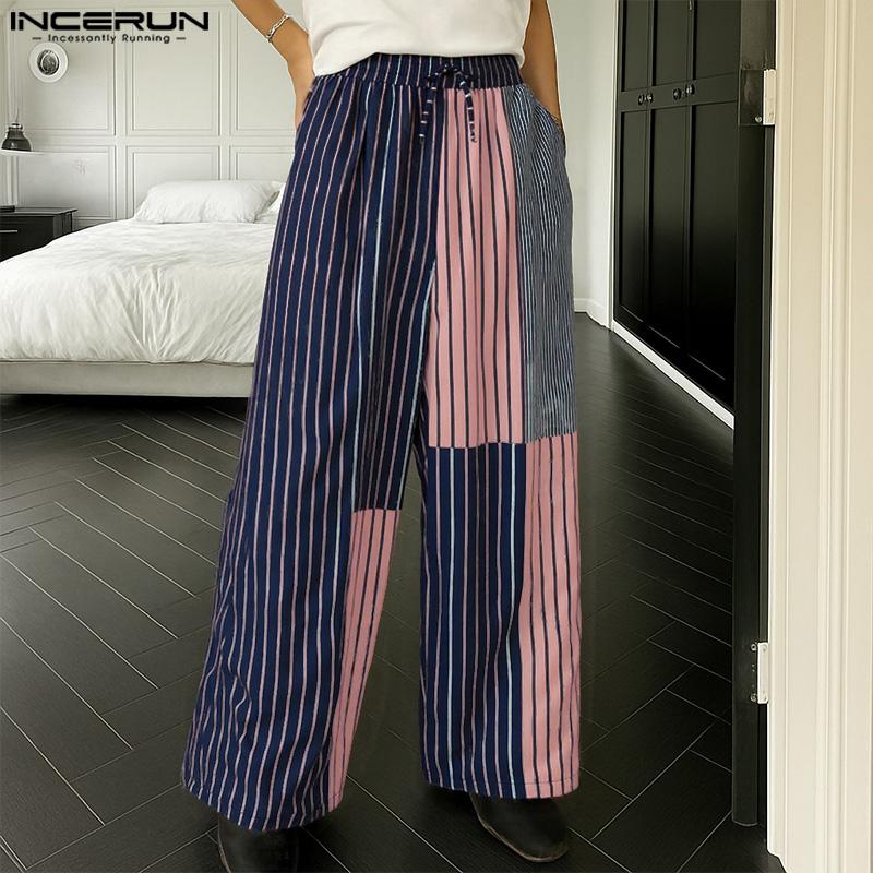 INCERUN Men Casual Elastic Waist Stitching Striped Long Trousers Pants
