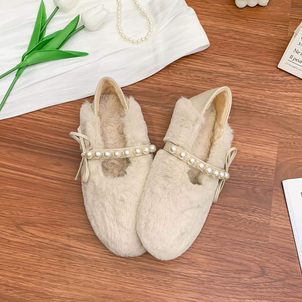 Winter new Mary Jane plush plush shoes women's pearl fashion versatile thermal shoes back plush casual flat cotton shoes