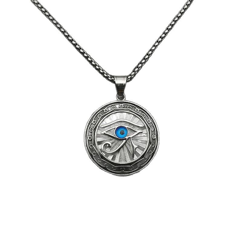 Umweltfreundlicher Legierungsschmuck Farberhaltende Accessoires Horusauge Halskette Blaues Auge Runder Markenanhänger