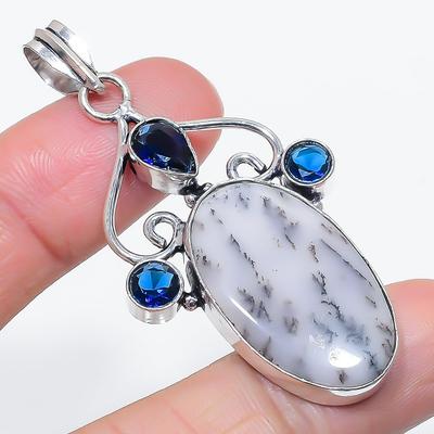 Přírodní dendritický opál, Topaz Šperk přívěsek ze sterlingového stříbra 925 2,36" G7n53