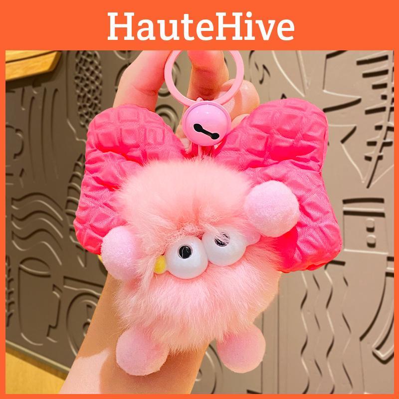 Adorable Plush Bowknot Pom Pom Car Keychain Creative Couples Backpack Pendant