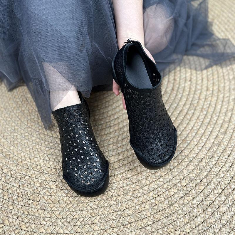 Summer 2025 New Fashion Chunky Heel, Round Head, Back Zipper, Ethnic Style, Hollowed-out Chunky Heel Low-top Sandals for Women