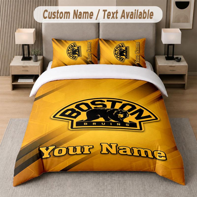 Set Biancheria da Letto Personalizzato Modello Boston Bruins, Stampa Nome Testo 1 Copripiumino più 2 Federe Tessile per la Casa