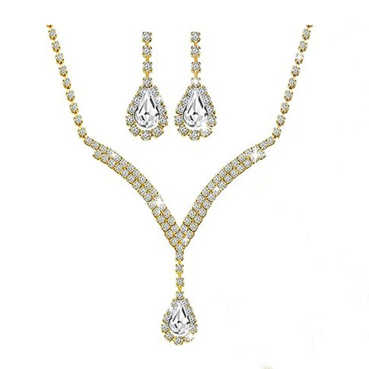 Water Drop Pendant Necklace And Earrings Set With Rhinestones For Elegant Bridal And Formal Wear