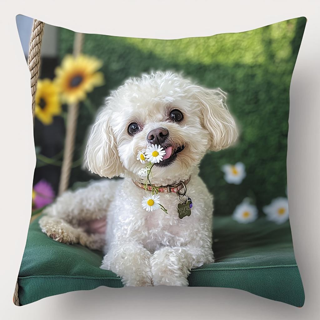 Cute White Dogs with Daisy Patterned Throw Pillows Polyester pillowcase, sofa decorative cushion cov Headboard Pillow
