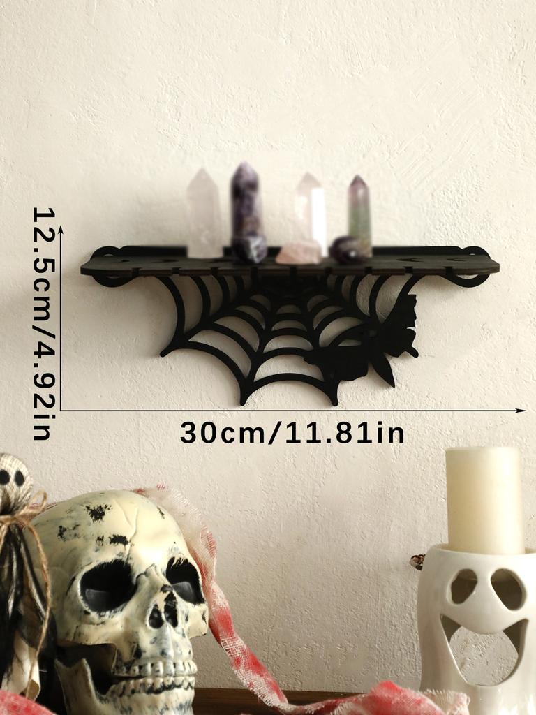 Halloween Black Wooden Wall Shelf Gothic Bat Moon Hollow Pattern Floating Shelf Crystal Holder Witch Room Decor Goth Home Decor