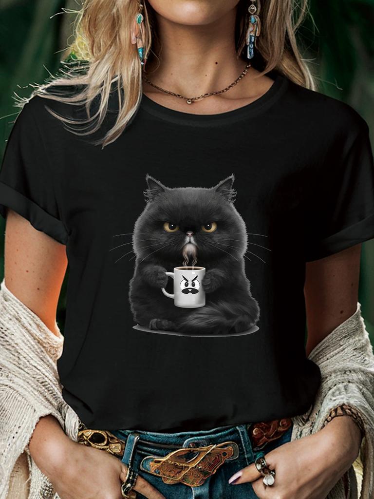 Cute Coffee Drinking Cat Women T Shirt Summer Fashion Short Sleeved T-shirt Tee Tops O-neck Casual Tshirt Women's Clothing