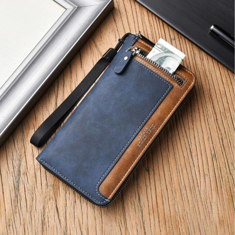Portafoglio da Uomo Retro Lungo Grande Capacità Pelle Nabuk Fermasoldi Multi Posizione per Carte Borsa con Cerniera Borsa per ID Portamonete Multifunzionale